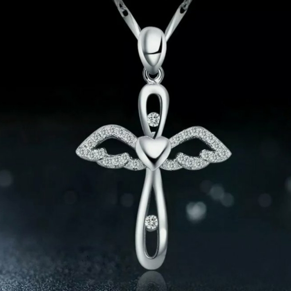 Silver Angel Wings Cross Pendant Clavicle Chain Necklace - Picture 3 of 8